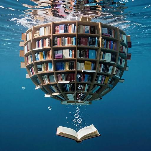 Digital art: A spherical, floating library with colorful books, submerged underwater, releasing bubbles and an open book descending below.