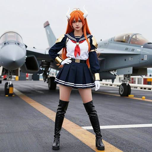 Anime-style girl with long red hair, sailor school uniform, black skirt, and boots, stands confidently in front of a military jet on an airstrip