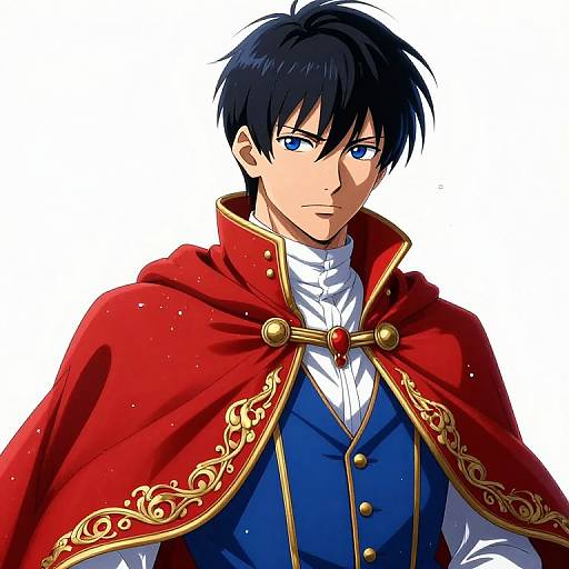 Digital anime-style drawing of a handsome young man with black hair and blue eyes, wearing a red ornate cloak over a blue vest and white shirt.