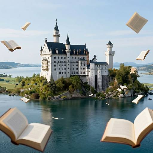 Photograph of Neuschwanstein Castle, Germany, surrounded by a lake with open books floating in the air, clear blue sky.