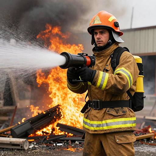 Photograph of a male firefighter in orange helmet and yellow-striped brown suit, aiming a powerful water gun at a large, intense orange fire with black smoke