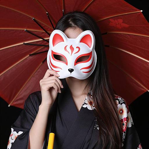Asian Woman in Kimono with Fox Mask and Red Umbrella