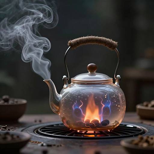 Photograph of a silver teapot with flames inside, emitting wisps of smoke, sitting on a stovetop burner, dark background.