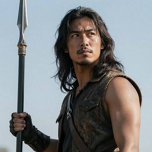 Rugged Warrior with Spear Against Blue Sky