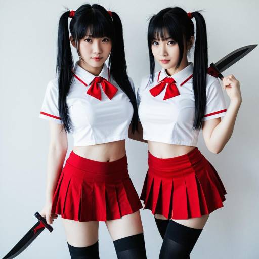 Twin Cosplayers in Red and White Outfits with Knives