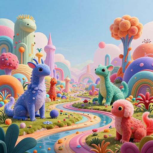 Whimsical digital illustration of colorful, fluffy creatures in a vibrant, surreal landscape with rainbow arches, pastel buildings, and a winding blue stream