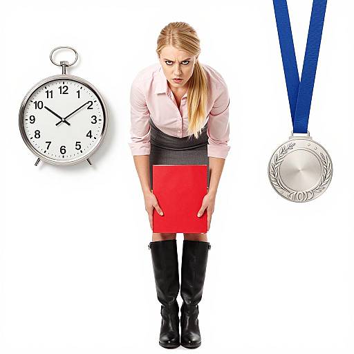 Intense Businesswoman Holding Folder with Clock and Medal