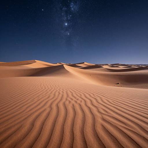 Photograph of a desert landscape under a starry night sky. Ripples in the sand dunes cast intricate shadows, with the Milky Way visible in