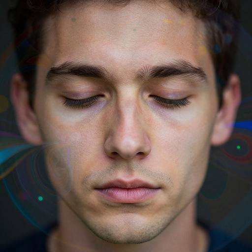 Close-up photograph of a young man with closed eyes, light skin, short brown hair, and subtle facial stubble, set against a dark, blurry
