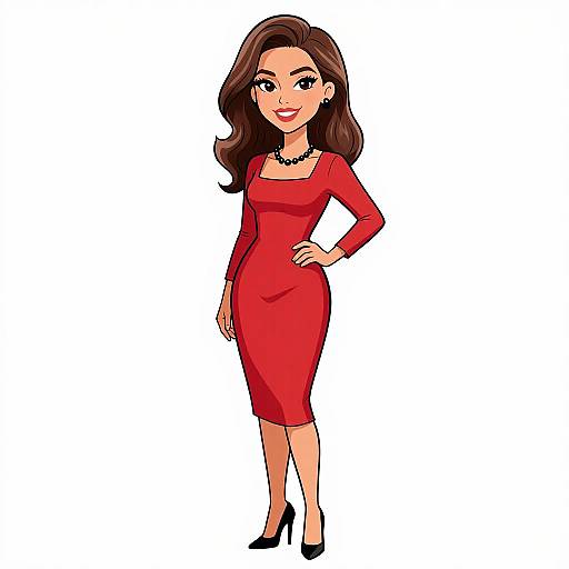 Cartoon-style illustration of a confident woman with long brown hair, wearing a red long-sleeve dress, black heels, and a necklace, standing