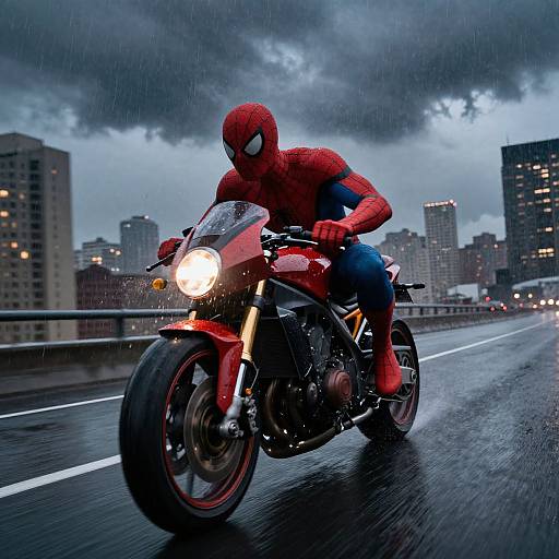 Photograph of Spider-Man in red and blue suit riding a red motorcycle on a wet city highway at night, with raindrops and skyscrapers in