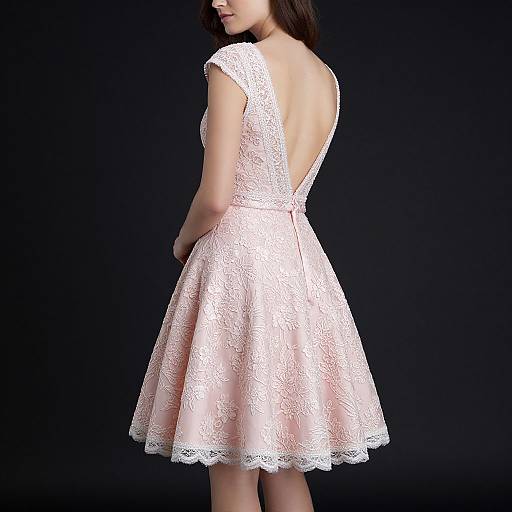 Photograph of a woman in a pink lace, backless, short-sleeve dress, facing away, against a solid black background.
