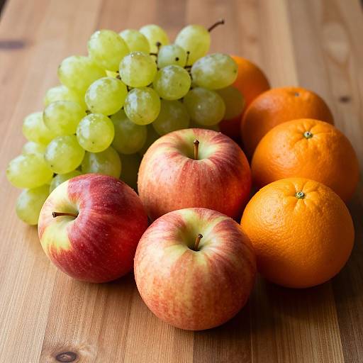 Photograph of fresh fruit: green grapes, red apples, and orange oranges on a wooden surface, showcasing vibrant colors and natural textures.