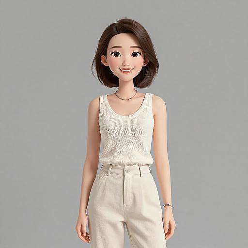 Digital anime-style illustration of a cute young Asian woman with short black hair, wearing a white tank top and beige pants, against a plain gray background.