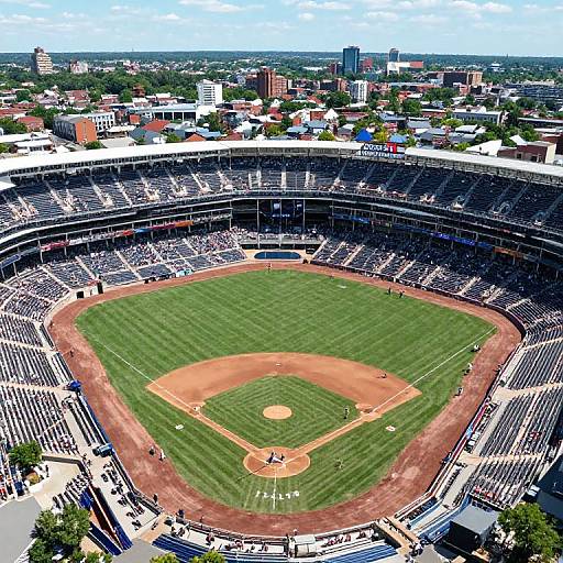 Aerial photograph of a large, empty baseball stadium with green grass, brown dirt, and surrounding urban buildings on a partly cloudy day.