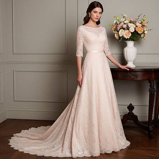 Photograph of a beautiful brunette woman in a lace, long-sleeve, ivory wedding gown, standing beside a wooden table with a floral vase,