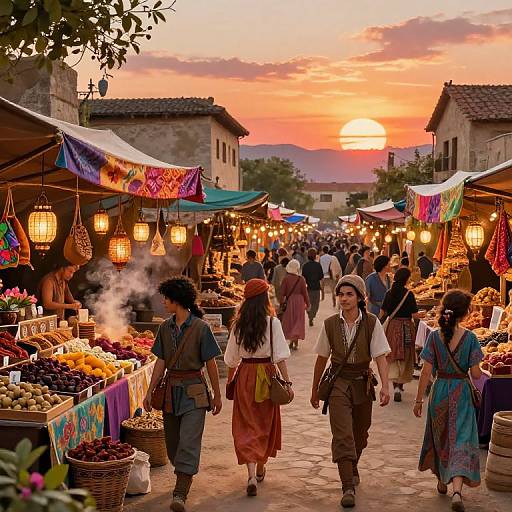 Photograph of a vibrant evening market with colorful stalls, lanterns, and people in traditional clothing, under a stunning sunset sky.