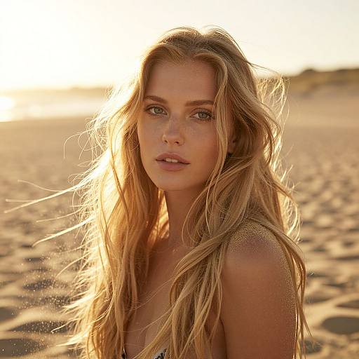 Photograph of a beautiful blonde woman with long, wavy hair, sunlit beach background, golden sunset, sand on her shoulders, intense green eyes