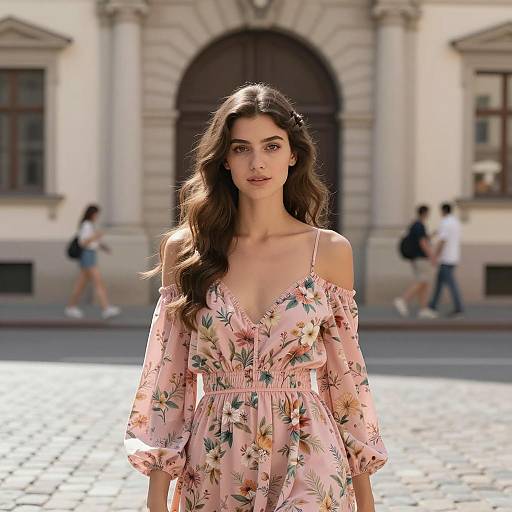 Young Woman in Pink Floral Dress on Historic Street