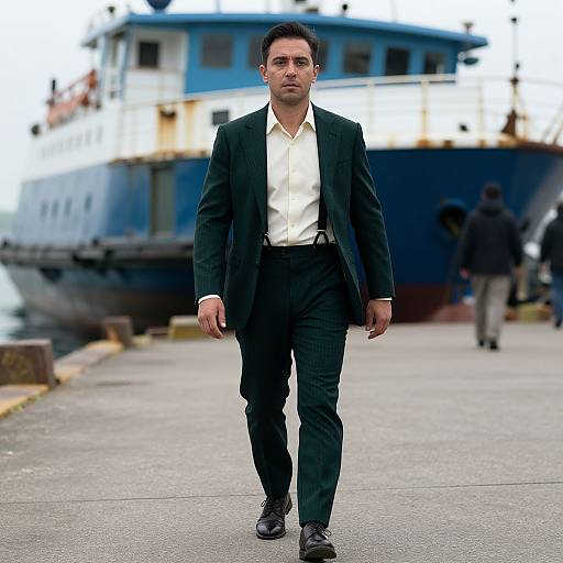 Photograph of a serious, dark-haired man in a black suit and white shirt walking on a dock with a large blue-and-white ship in the background