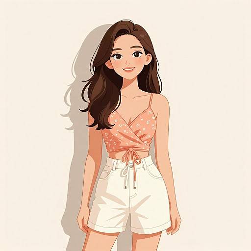 Digital anime-style drawing of a smiling young woman with long brown hair, wearing a pink floral top and white high-waisted shorts.