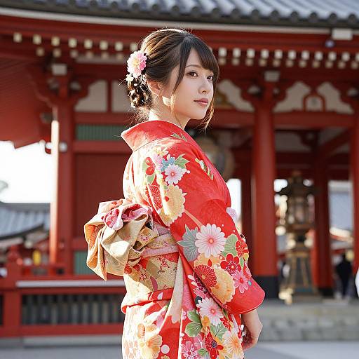 Photograph of a Japanese woman in a vibrant red floral kimono, with black hair adorned with a flower, standing in front of a traditional red wooden