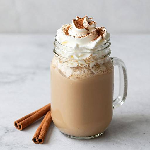 Photograph of a mason jar filled with frothy chocolate chai latte, topped with whipped cream and cinnamon, with two cinnamon sticks on a white