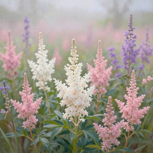 Photograph of a lush garden with white, pink, and purple lupine flowers in full bloom, set against a softly blurred green and blue background.