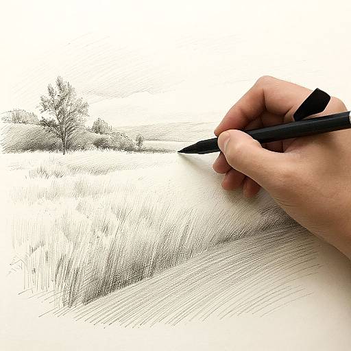 Close-up photograph of a hand holding a black pen, sketching a serene, monochromatic landscape of grassy field and sparse trees.
