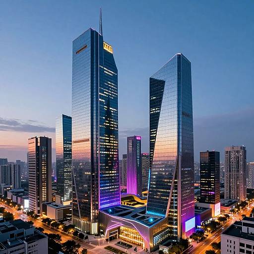 Photograph of a modern cityscape at dusk featuring three towering, glass-clad skyscrapers with illuminated windows and vibrant purple and blue lights, set