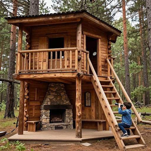 Rustic Pine Forest Treehouse with Boy