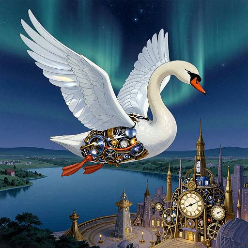 Digital illustration of a white swan with mechanical gears inside, flying over a clockwork castle beside a lake under the aurora borealis.