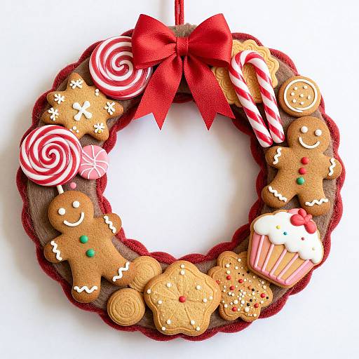 Colorful gingerbread wreath adorned with candy cane, gingerbread men, swirls, and cupcake-shaped cookie, topped with red bow, on