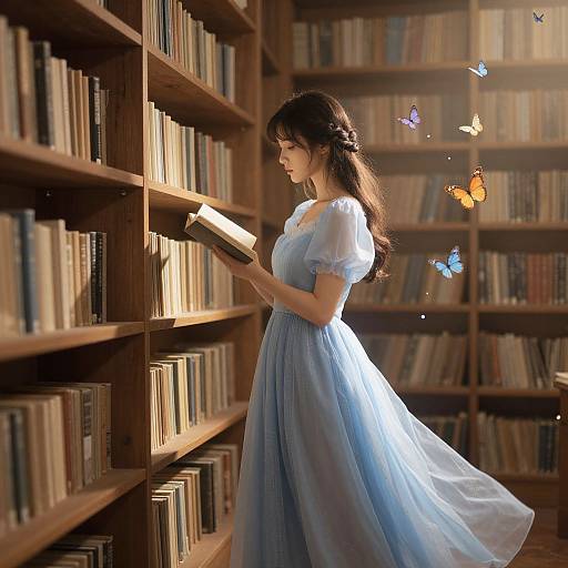 Photograph-style digital art of a young woman in a flowing blue dress, reading a book in a sunlit library with wooden shelves and glowing butterflies.