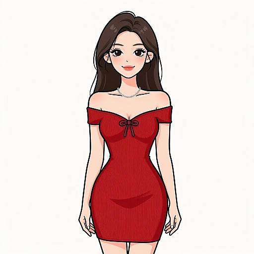 Digital anime-style drawing of a smiling young woman with long black hair, wearing an off-shoulder red dress, against a white background.
