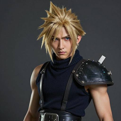 Photograph of a muscular, blonde-haired man with spiky hair, blue eyes, wearing black leather armor and sleeveless black turtleneck, against