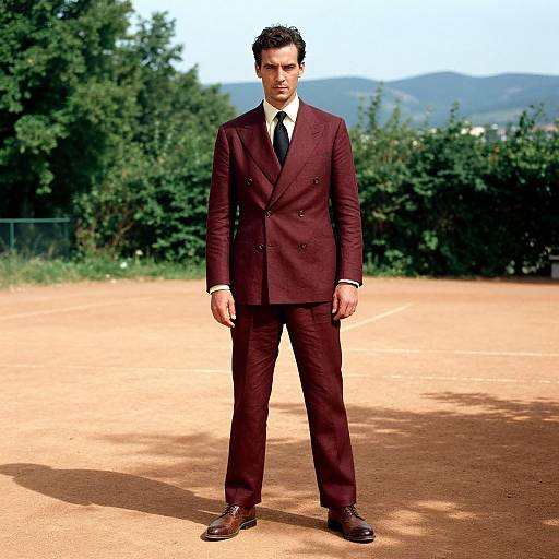 Photograph of a serious-looking man in a maroon double-breasted suit, white shirt, black tie, and brown shoes, standing on a sandy