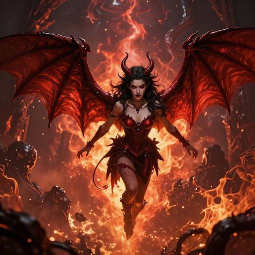 Digital artwork of a fierce, dark-haired demoness with red wings and horns, emerging from fiery flames, wearing a black and red armored dress.