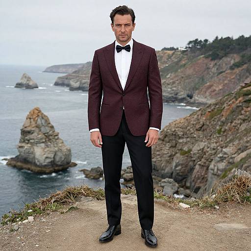Photograph of a handsome man in a black tuxedo with a bow tie, standing on a cliff overlooking rugged coastal cliffs and the ocean. Over