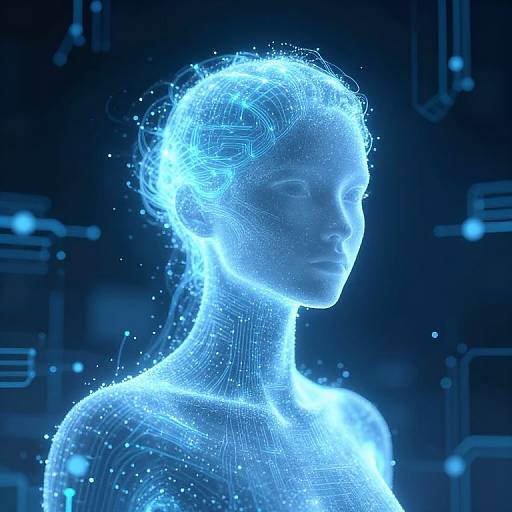 CGI digital art of a glowing blue, wireframe female figure with a futuristic, holographic appearance against a dark, tech-themed background.