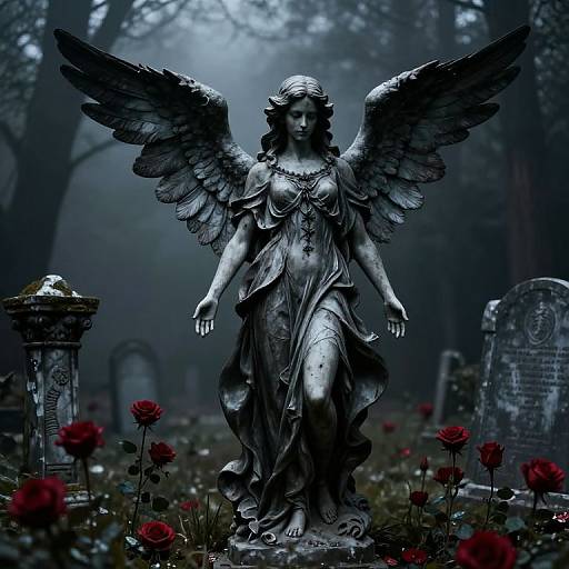 Photograph of a detailed, grayscale angel statue with large wings, standing in a foggy cemetery with red roses and weathered tombstones.