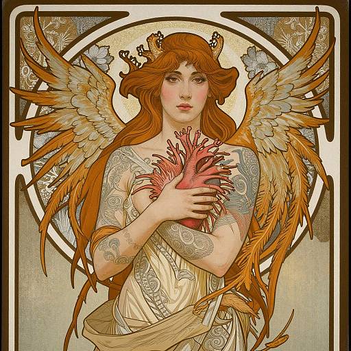 Digital art of a fair-skinned, red-haired angel with golden wings, holding a heart, wearing a flowing white dress, set against a circular,