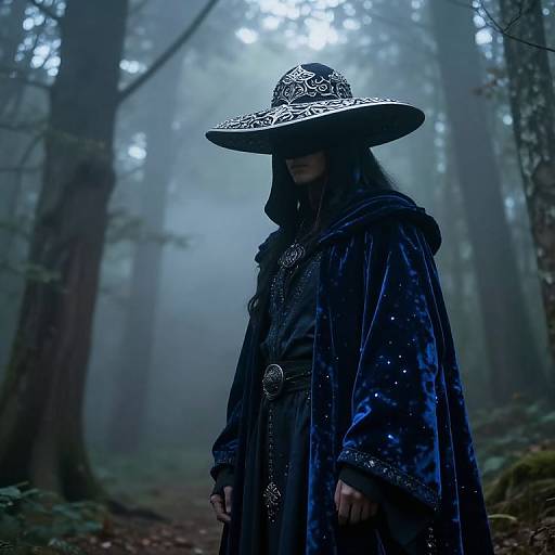 Mysterious figure in dark, ornate cloak and wide-brimmed hat stands in misty forest, illuminated by faint, ethereal light. Photograph