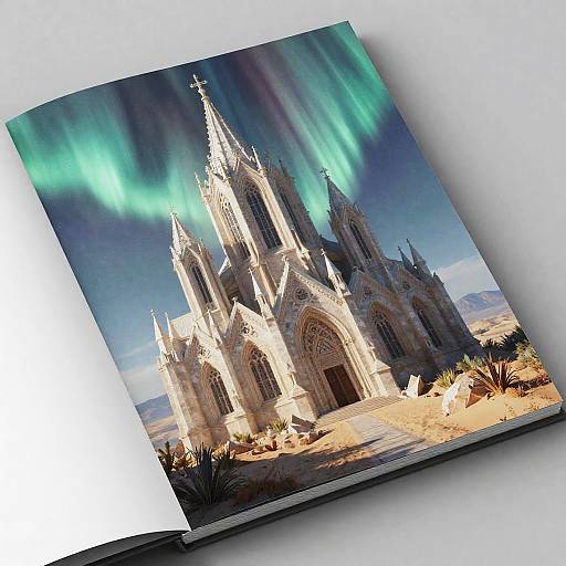 Tilted Panoramic Crystalline Cathedral Amidst Desert Aurora