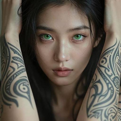 Close-up photograph of a young Asian woman with striking green eyes, straight black hair, and intricate black tattoos on her arms. She's holding her hair