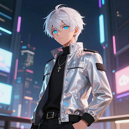 Anime Boy with White Hair and Glowing Blue Eyes
