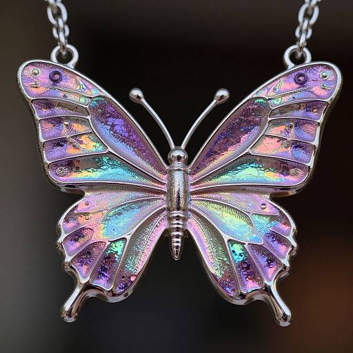 Photograph of a metallic butterfly pendant with iridescent, rainbow-colored wings, adorned with small, sparkling jewels, hanging from a silver chain.