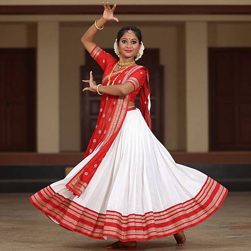 Photograph of a South Asian woman in a red and white traditional lehenga, dancing with arms raised, gold jewelry, black hair, indoors.