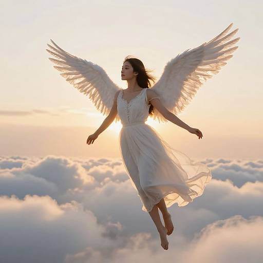 Photograph of a serene woman with white angel wings and dress, flying above a sea of fluffy clouds at sunset.
