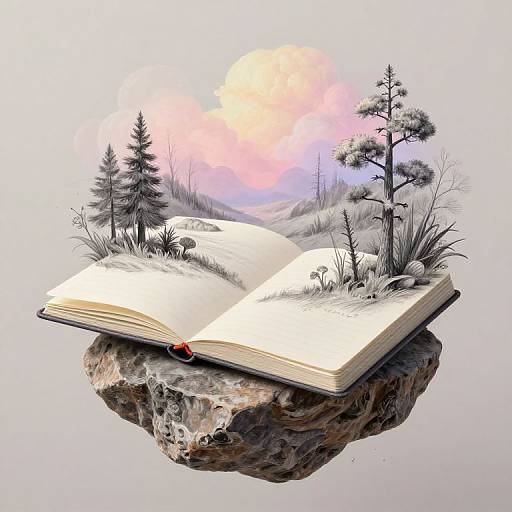 Digital artwork of an open book floating on a rock, surrounded by snow-covered trees, grass, and a pastel sunset sky.